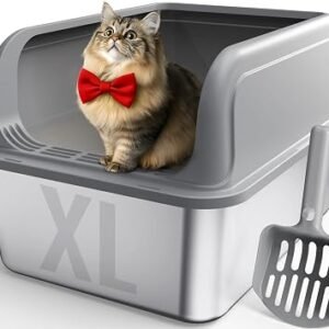 Powools Stainless Steel Cat Litter Tray, Top-Entry Design, XL, Grey