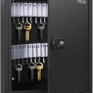 Uniclife 60 Position Slotted Key Cabinet with Combination Lock, Black Digital Security Storage Box, Steel Key Organizer