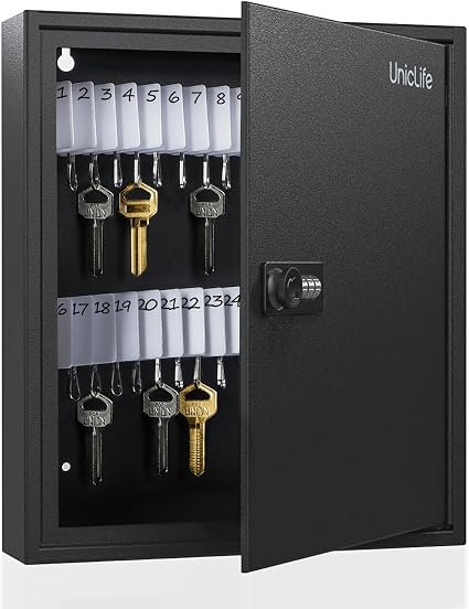Uniclife 60 Position Slotted Key Cabinet with Combination Lock, Black Digital Security Storage Box, Steel Key Organizer
