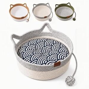 Cat Bed, Cotton Rope Woven Cat Basket with Toy Ball, Cat Scratching Sleeping Nest (Grey L With cushion)