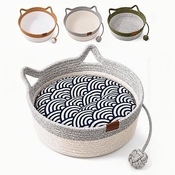 Cat Bed, Cotton Rope Woven Cat Basket with Toy Ball, Cat Scratching Sleeping Nest (Grey L With cushion)