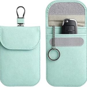 DEFIYEAR 2PCS Faraday Bag for Car Key Signal Blocking, Anti RFID Blocking | Pu Leather Outer Layer, 12.3cm Size, Light Green, Inner Ring Outer Hook, For Car...