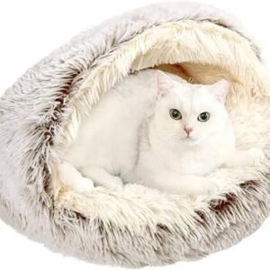 Cat Bed, Plush Hooded Round Fluffy Cave for Pets, 60 x 60cm, Coffee