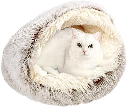 Cat Bed, Plush Hooded Round Fluffy Cave for Pets, 60 x 60cm, Coffee