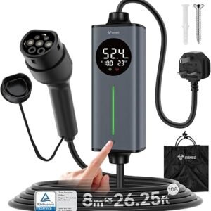 GONEO EV Charger UK 3 Pin Plug to Type 2 | 8M Portable Electric Car Charger Cable 10A 2.3kW | Temperature Monitoring & AC 30mA DC 6mA Leakage Protection | Adjustable Current & Timer for Home Charging