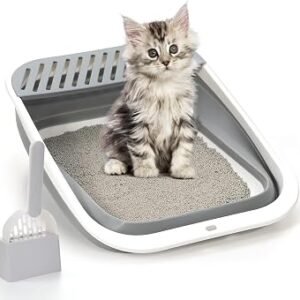 Open Top Cat Litter Box, Large Foldable Cat Potty Height-Adjustable Sides Anti-Splash, Open Air Kitty Litter Pan No Smell, Toilet Easy Clean with Scoop (Gray)