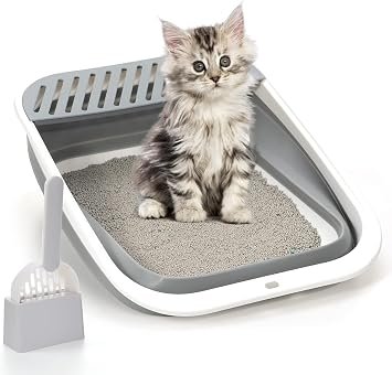 Open Top Cat Litter Box, Large Foldable Cat Potty Height-Adjustable Sides Anti-Splash, Open Air Kitty Litter Pan No Smell, Toilet Easy Clean with Scoop (Gray)