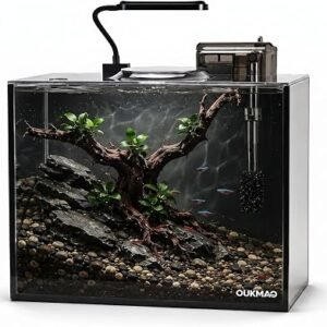 6.7L Fish Tank Starter Kit, Glass Nano Aquarium with Filter and LED Light, Desktop Aquarium with Lid for Small Fish, Shrimp and Aquascape DIY, 25x15x18cm
