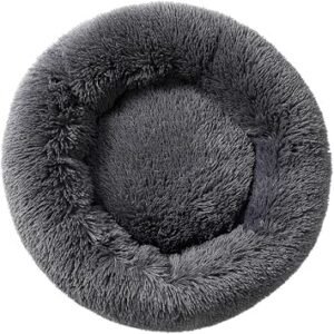 Plush Donut Dog Bed Calming Cat Beds Small Round Puppy Sofa, Dark Grey