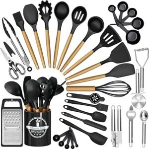 34PCS Kitchen Utensils Set, Wooden Handles Silicone Cooking Utensil Set