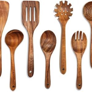 Teak Wooden Kitchen Utensil Set - 7Pcs Wooden Cooking Utensils Including Spatula