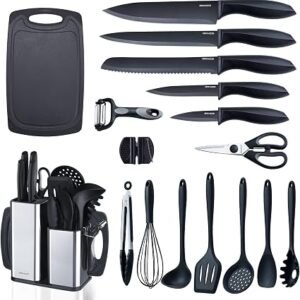 RAXCO Kitchen Knife Sets with Block, 18-Piece Kitchen Utensils with 5-Piece Knife Sets and 7-Piece Silicone Spatula