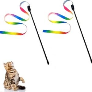 2 PCS Cat Wand, Ribbon Rainbow Cat String, Pet Dance Wand Toy