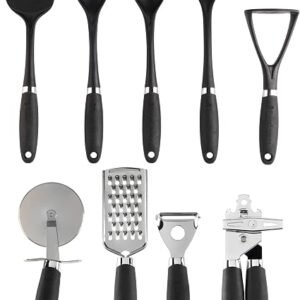 Russell Hobbs COMBO-9101 9 Piece Utensil Set ? Venus Collection, Kitchen Tools & Gadgets, Nylon Cooking Utensils, Spoons, Turner, Pizza Cutter, Tin Opener, Ladle, Masher, Easy Clean, Black