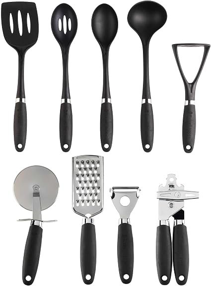Russell Hobbs COMBO-9101 9 Piece Utensil Set ? Venus Collection, Kitchen Tools & Gadgets, Nylon Cooking Utensils, Spoons, Turner, Pizza Cutter, Tin Opener, Ladle, Masher, Easy Clean, Black