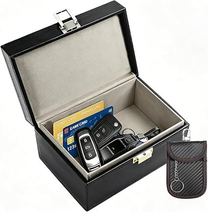 Faraday Box for Car Keys & 1 Pack Faraday Pouch-14 x 11.7 x 7 cm PU Leather Keyless Entry Car Key Signal Blocker Box Anti-Theft RFID Signal Blocking Box