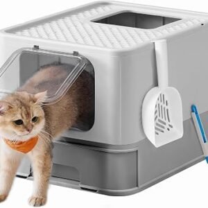Feandrea Hidden Cat Litter Box, with Hood, Slide-Out Tray, Scoop, Brush