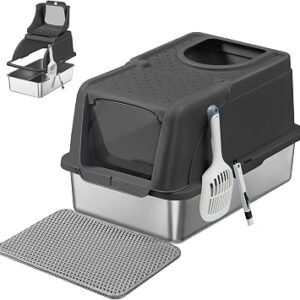 Feandrea XL Stainless Steel Enclosed Cat Litter Tray, 28L, Ink Black