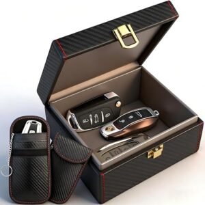 Diyife Faraday Box for Car Keys with 2 Pack Faraday Pouch, 5-7 Car Keys Capacity Car Key Signal Blocker Box, Anti-Theft Key Fob Protector, Carbon Fiber RFID Signal Blocking Box