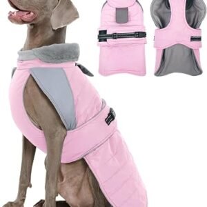 Kuoser Dog Winter Jackect Waterproof Windproof, Dog Fleece Coat, Pink L | Winter Dog Warm Coat with Harness Hole, Reflective & Adjustable Jacket with...