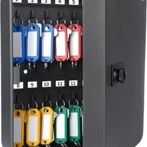 Uniclife 28-Key Steel Key Cabinet with Combination Lock Wall Mounted Key Organizer with Resettable Code Black Digital Security Box with Hooks and Large Key Tag Labels Identifiers in 5 Assorted Colors
