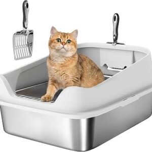PawHut XL Stainless Steel Cat Litter Tray High Sided 60 x 40 x 30 cm Grey