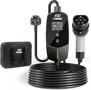 EVDANCE EV Charger 3 Pin Plug, Type 2 Charging Cable for EV & PHEV | 6m [6-10A] IP66, Portable Electric Car Charger with 0-12h Time Delay, Black