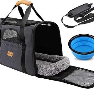 Morpilot Cat Carrier - Airline Approved, Top Opening Portable Dog Bag with Breathable Mesh/Removable Mat, Adjustable Shoulder Strap & Bowl, Foldable Travel Cage, M, Grey (Max 7kg)