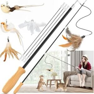 ROSAUI Cat Teaser Wand Toys Set ? 2 Extendable Rods with 5 Attachments (3x Feathers & 2x Birds), Wooden Handle, 107cm Retractable Interactive Cat Toy for Indoor Cats Kittens Play, Exercise & Bonding