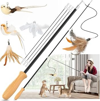 ROSAUI Cat Teaser Wand Toys Set ? 2 Extendable Rods with 5 Attachments (3x Feathers & 2x Birds), Wooden Handle, 107cm Retractable Interactive Cat Toy for Indoor Cats Kittens Play, Exercise & Bonding