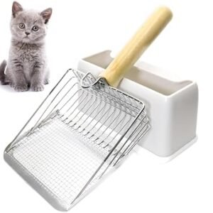 Cat Litter Scoop Scooper with Holder - Metal Cat Litter Poop Scoop with Wooden Handle for Litter Box