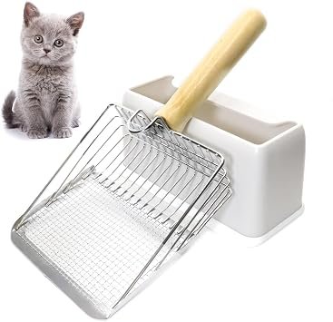 Cat Litter Scoop Scooper with Holder - Metal Cat Litter Poop Scoop with Wooden Handle for Litter Box
