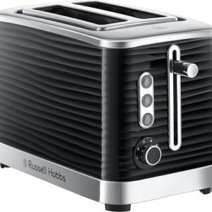 Russell Hobbs Inspire 2 Slice Toaster (Extra wide slots, High lift feature, 6 Browning levels, Frozen/Cancel/Reheat function with Blue LED illumination, 1050W, Black textured high gloss) 24371