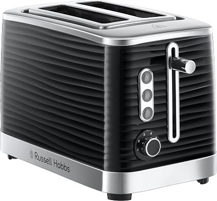 Russell Hobbs Inspire 2 Slice Toaster (Extra wide slots, High lift feature, 6 Browning levels, Frozen/Cancel/Reheat function with Blue LED illumination, 1050W, Black textured high gloss) 24371