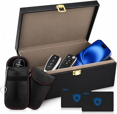 Diyife XL Faraday Box for Car Keys and Phones, with Pouch & Blocker Cards | 7.5x4.7in, 8-12 Car Keys Capacity, Premium Leather, Double Shielding Fiber,...
