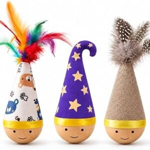 3 Pcs Cat Toys Interactive for Indoor Cats, Self-Righting Wobble Ball with Natural Feather Teaser and Scratchable Woven Surface, Adult Cats and Kittens