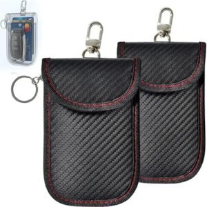 Faraday Pouch for Car Keys, 2 Pack Car Key Signal Blocker Pouch, RFID Signal Shielding Case for Keyless Entry Security, Anti-Theft Carbon Fiber Texture Key Fob Protector with Hook and Chain, 2 Pcs