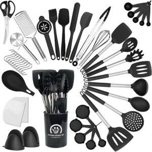 44Pcs Kitchen Utensils Set, Non Stick Silicone Cooking Utensils Set with Utensil Holder & Spatulas Set, 446? Heat Resistant Kitchen Tools, Stainless Steel & Silicone Handle (Black)
