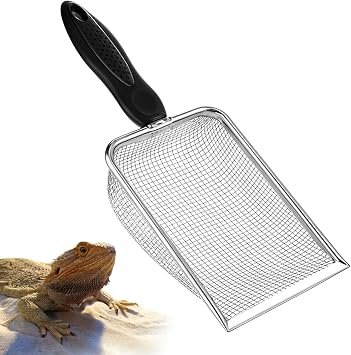 Fine Mesh Metal Reptile Litter Cleaner Scooper, Stainless Steel Mesh Litter Shovel, Black Non-Slip Handle Sifter for Lizard Substrate Reptile Terrarium Sand Waste
