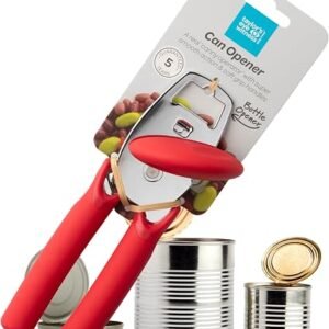 Superior Stainless Steel Can Opener - Durable, Easy to Use Kitchen Gadget. Smooth Cutting Wheels & Comfortable Soft Grip, Red Handles. Includes Bottle Lid Opener. Dishwasher Safe, 5 Year Guarantee.