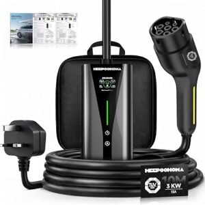 EV Charger 10M, 3 kW 6-13A 3 Pin EV Charger, Portable Electric Car Charger Cable Type 2 to 3 Pin Plug for up to 12H Delayed Start Charging with 2.4? Screen, IP67 for EVs & PHEV