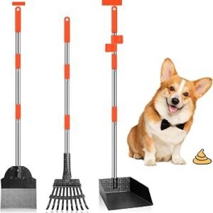 3 Pack Metal Pet Poop Scoop,Tray and Rake,Adjustable Long Handle
