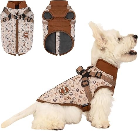 Dog Winter Coat With Harness for Small Dogs Medium Dogs Winter Jacket Outdoor,Waterproof Puppy Adjustable Vest Warm Clothes,Brown S