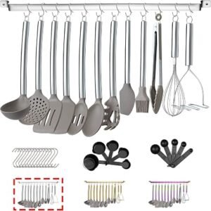 HOMQUEN 38 Piece Silicone kitchen Cooking Utensils Set with Utensil Rack, Head and Stainless Steel Handle Cookware, Tools for Sets, Non-Stick Gadgets, Dishwasher Safe(Silver)