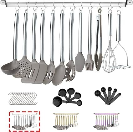 HOMQUEN 38 Piece Silicone kitchen Cooking Utensils Set with Utensil Rack, Head and Stainless Steel Handle Cookware, Tools for Sets, Non-Stick Gadgets, Dishwasher Safe(Silver)