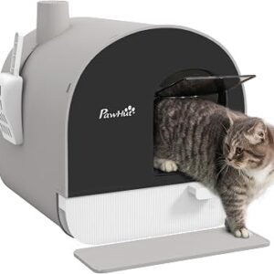 PawHut Hooded Cat Litter Tray Slide-Out Drawer 43 x 44 x 47cm Light Grey