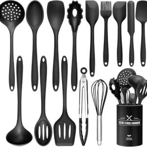 Wildone Silicone Kitchen Cooking Utensils Set, 15PCS Premium Spatula Set for Nonstick Cookware, Kitchen Tools Spatula Spoons Turner Brush Whisk, Heat Resistant (Black)