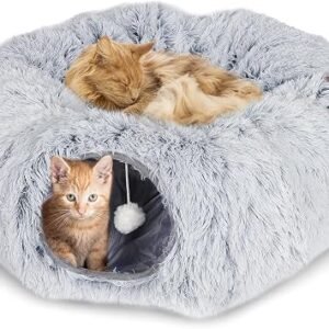 CALIYO Cat Bed, Cat Cave Plush, Cat Tunnel with Fur Ball, Cat Tunnel Foldable Cat Tunnel with Sleeping Area, Washable, Tunnel for Cats Expand Tunnel Diameter to 26 cm