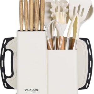 Cooking Utensils Set with Chopping Board ? Knife Set with Block ? Heat Resistant Silicone Utensils with Wooden Handle, Spoons, Ladles & Spatula ? Kitchen Tools & Accessories ? 17pcs, Cream ? by Nuovva