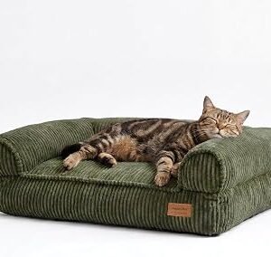 FUKUMARU Cat Couch Bed, Corduroy Cozy Cat Bed for Indoor Cats with Removable Washable Cover, Supportive Anti-Slip Dog Beds Sofa for Small Dogs Cute, 27inch, Medium, Green
